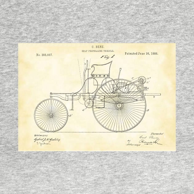 Benz 1888 self propelling vehicle, original patent drawing parchment background by QualitySolution